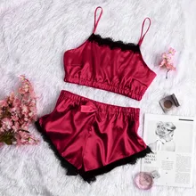 Женские пижамы, пижамы для сна, Женская Сексуальная атласная одежда для сна на бретельках, женское белье с кружевным бантом, ночное белье, комплект нижнего белья, пижамы