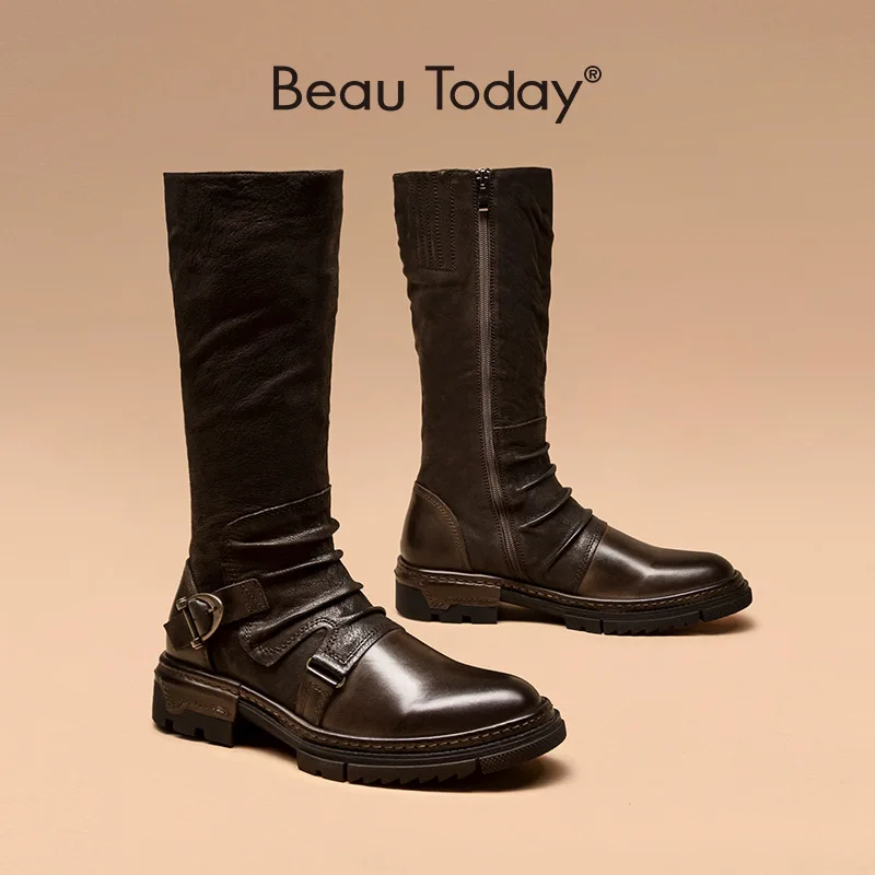 

Western Long Boots Men Genuine Cow Leather Side Zipper Folds Buckle Trend Thick Sole Round Toe Retro Handmade BeauToday 54601