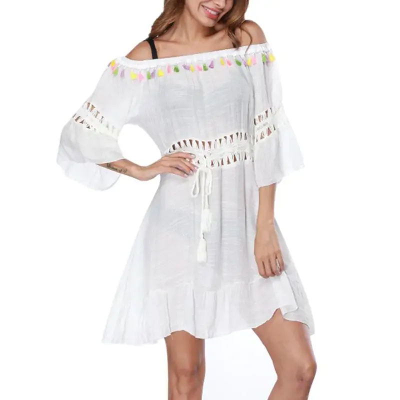 

Summer Women Beach Mini White Dress Elegant Half Sleeve Slash Neck Lace Floral Crochet Hollow Out Solid Beach Dress Vestidos