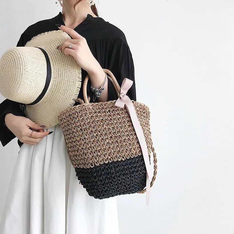 

Bucket Bag Women's 2019 New Style Japanese-style Shoulder Bag Simple Straw Bag Large Capacity Versatile Cool Silk Scarves Handba