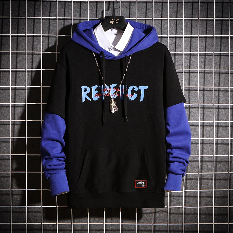 Весенняя и Осенняя Толстовка большого размера с принтом, мужская толстовка с цветным блоком, брендовая Толстовка в стиле хип-хоп с цветным отстроченным длинным рукавом