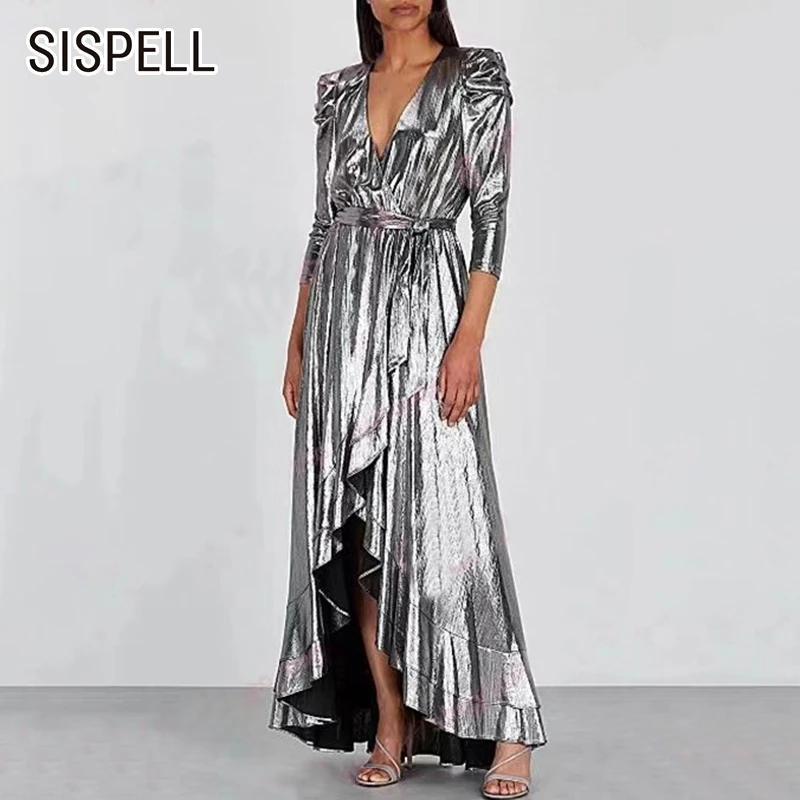 SISPELL элегантные платья с оборками женское платье с v-образным вырезом три четверти рукав с высокой талией на шнуровке осеннее женское платье Талия Мода Новинка