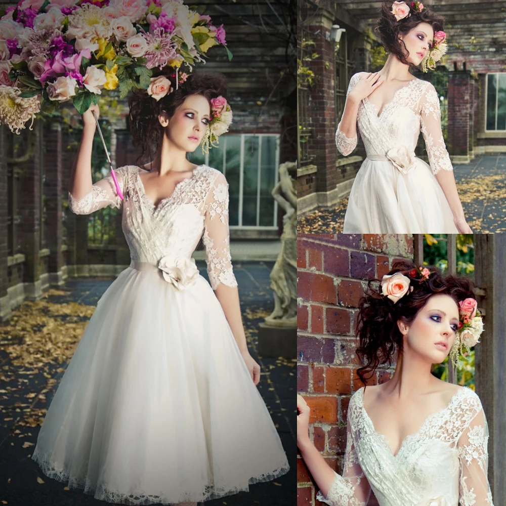 Vestido De Noiva Curto короткое винтажное кружевное платье с рукавами трапециевидной формы с v-образным вырезом и открытой спиной, сделанное на заказ, Платья для подружек невесты