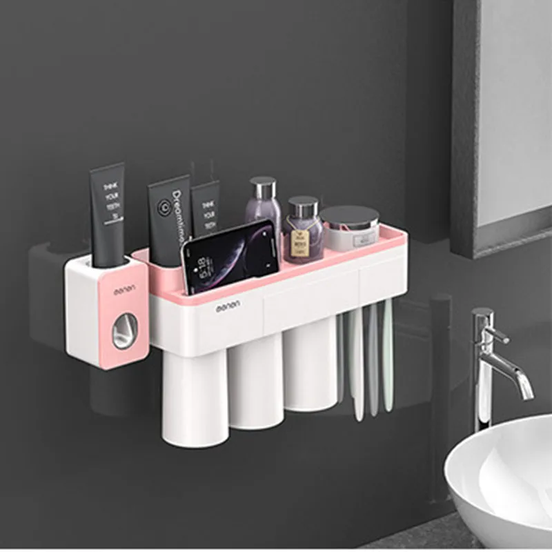 Toothbrush Holder Wall Mounted Automatic Toothpaste Dispenser Storage Rack Hair Dryer Holder Tissue Box Bathroom Accessories Set - Цвет: 3 Pink add