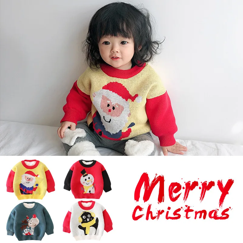 

Ewt252 Enzo Brother 2019 Winter New Products Baby Contrast Color Christmas plus Velvet Knitted Sweater
