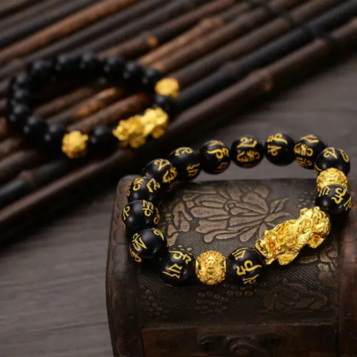 Feng Shui Obsidian Stone Beads Bracelet Men Women Unisex Wristband Gold Black Pixiu Wealth and Good Luck  Women Bracelet