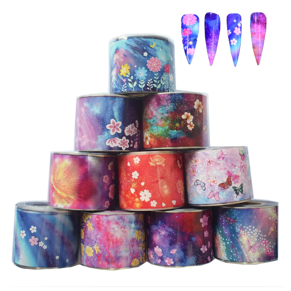 

10Rolls Gradient Starry Sky Nail Foil Sets Flower Butterfly 50M*4CM Holographic Adhesive Transfer Foils for Nails Wraps Decals