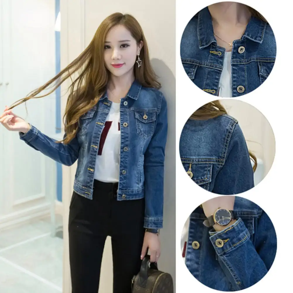 Корейская одежда, женская джинсовая куртка, короткая джинсовая куртка с отложным воротником и пуговицами, Джинсовая Верхняя одежда для женщин, джинсовая куртка