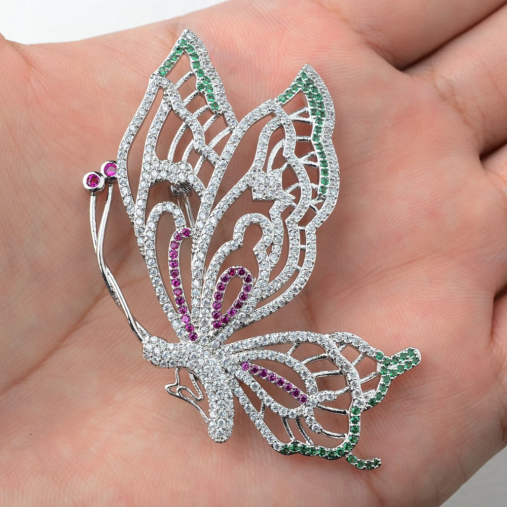 65X41mm Women's High Quality Silver /Gold plated Paved CZ Butterfly Brooch