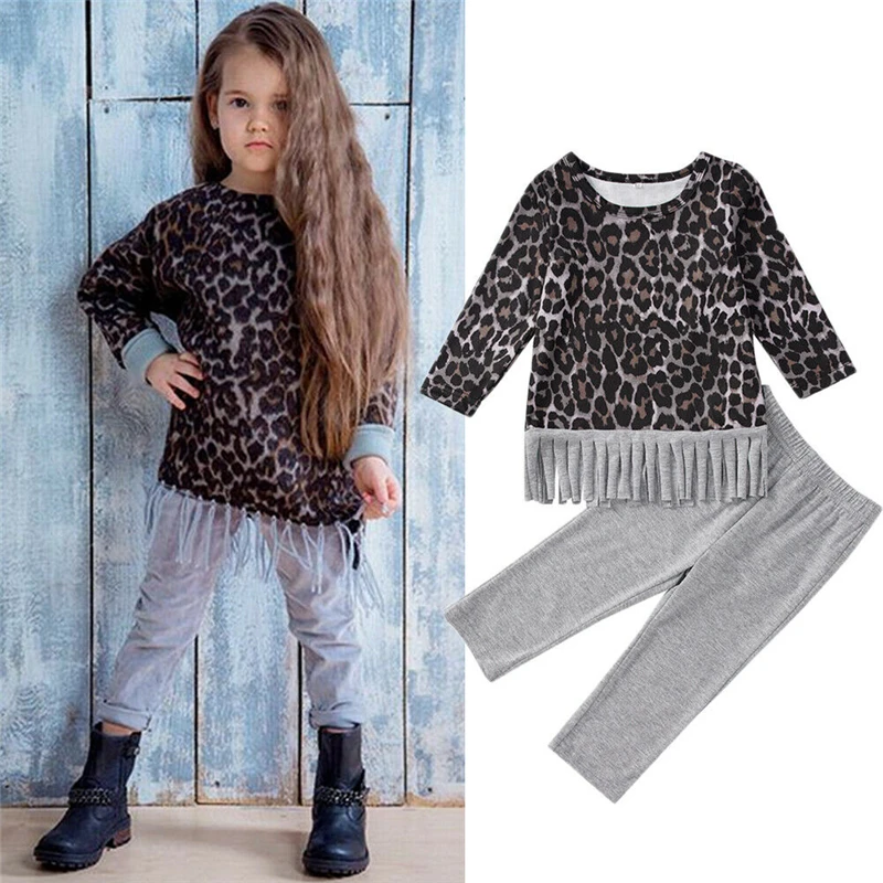 

Newborn Toddler Baby Girls Clothes Leopard Print Tassels Coat T-shirt Tops+Pants Leggings Outfits Set roupa de bebe terno 6M-4Y