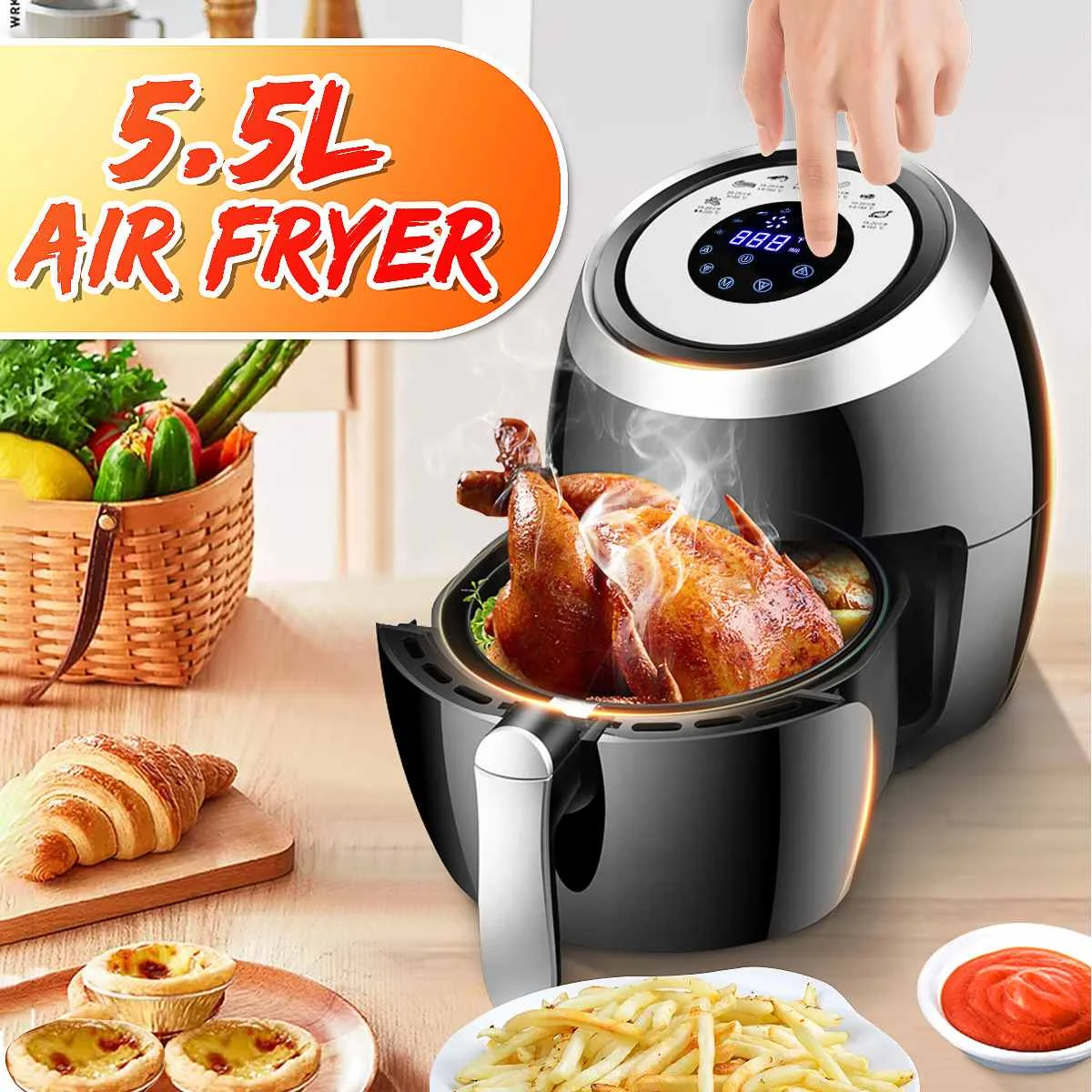 

5.5L Electric Deep Air Fryer Multi-function Pan LED Touch Screen With Basket Health Chip Oil Free Oven Cooker Power Air Fryer