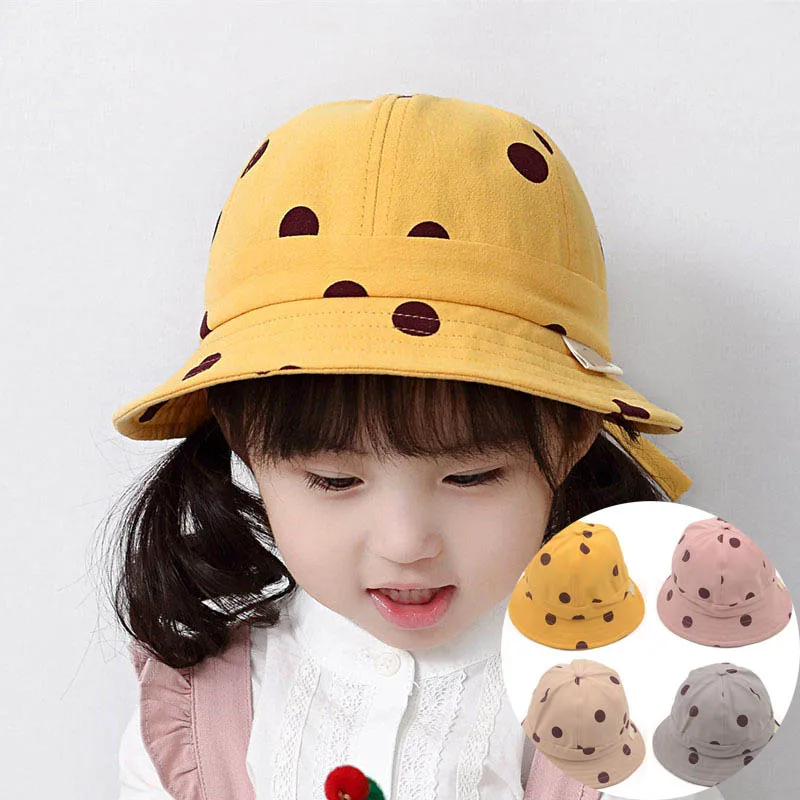 

Fashhion Summer Dot Printed Bucket Hat For Kids Adjustable Outdoor Beach Hat Boys Girls Casual Panama Cap