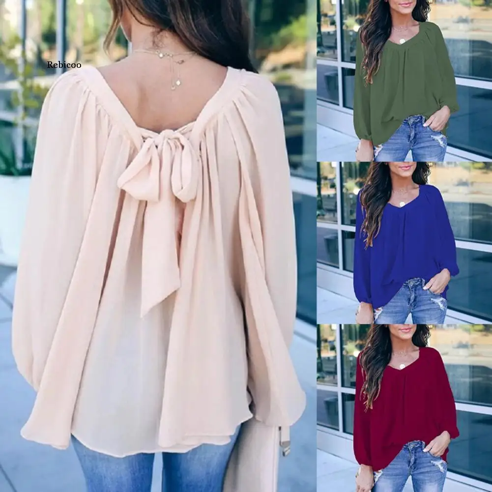 

Office Lady Solid Color Long Sleeve o Neck Large Hem Back Bow Loose Blouse Top