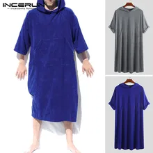 INCERUN/модные мужские халаты, однотонные, с коротким рукавом и карманами, быстросохнущая пляжная одежда с капюшоном, пижамы, мужские полотенца, халат, домашняя одежда