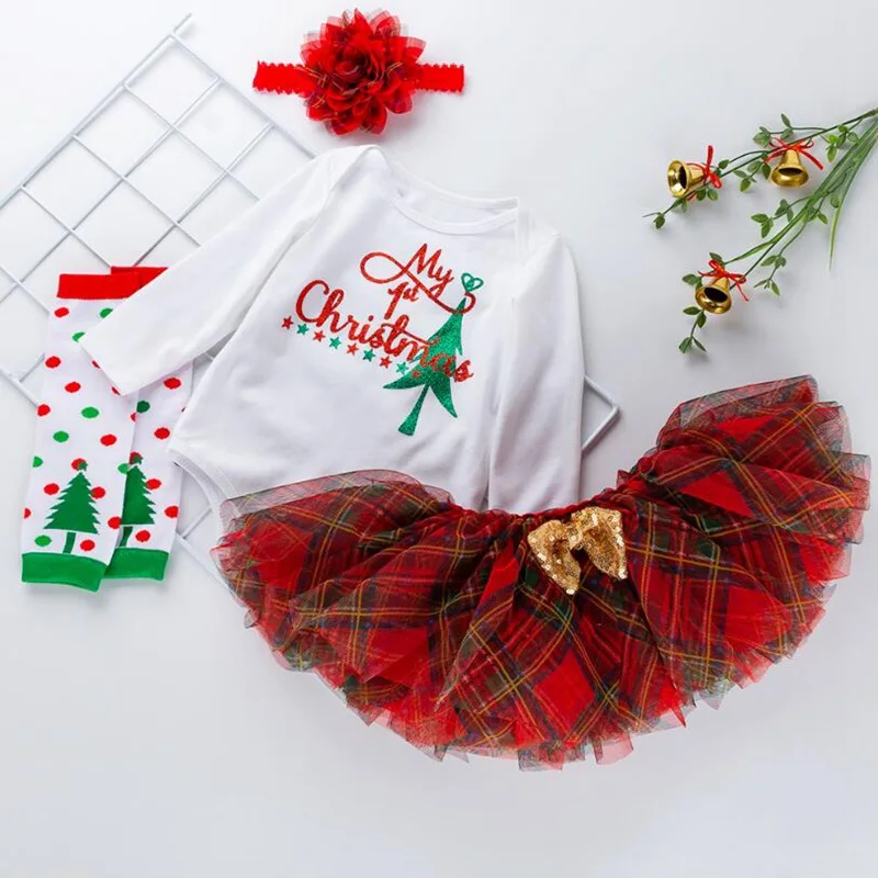 My First Christmas/комплекты одежды для маленьких девочек; боди с длинными рукавами; кружевные юбки-пачки; повязка на голову; гетры; Одежда для новорожденных детская одежда для девочек