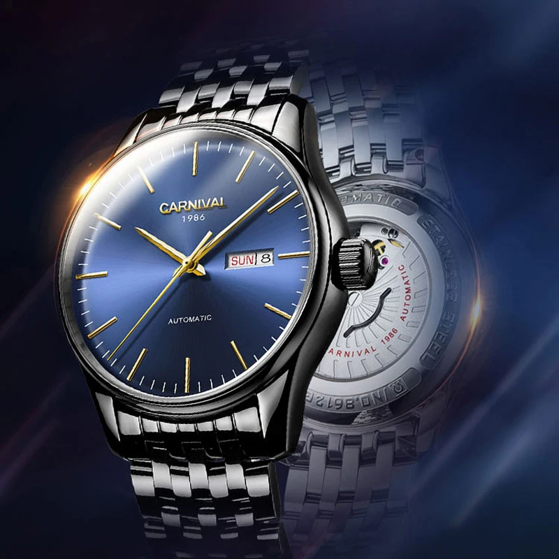 CARNIVAL Luxury Gold Steel Mechanical Watch Calendar Sapphire Men Automatic Wristwatch Waterproof Watches Relogio Fashion New