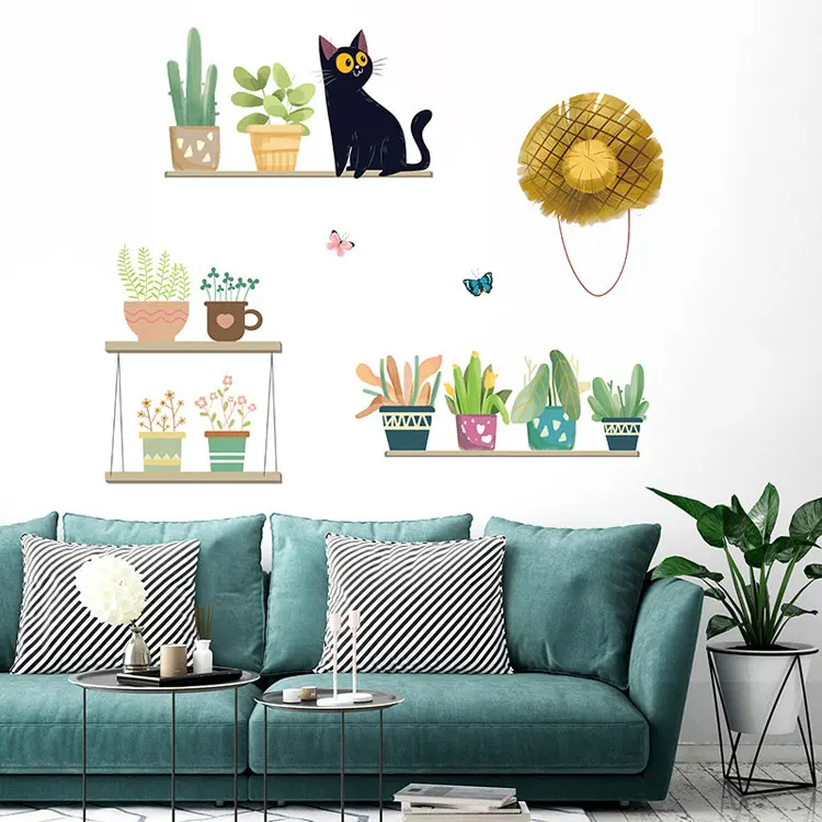 Cute Kitten flower pot wall stickers living room bedroom home wall decoration art mural stickers combination removable wallpaper
