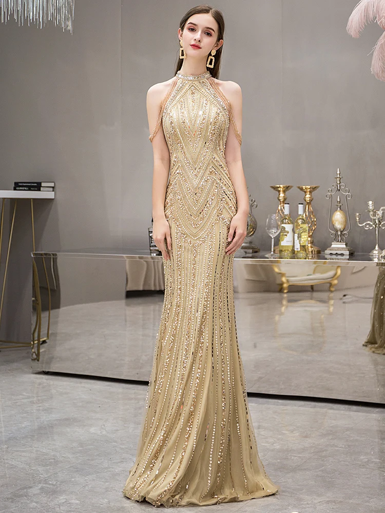 Золотой Vestido de festa Бисероплетение Русалка Вечерние платья длинное платье Новая мода высокая шея вечернее платье элегантное платье De Soiree - Цвет: Золотой