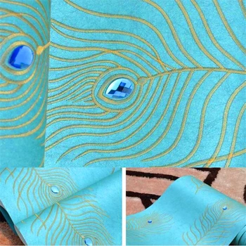 

3D Diamond for Bedroom Background Wall Paper Wall World High Quality Peacock Blue Feathers Wallpaper Embroidery Mural Wallpaper