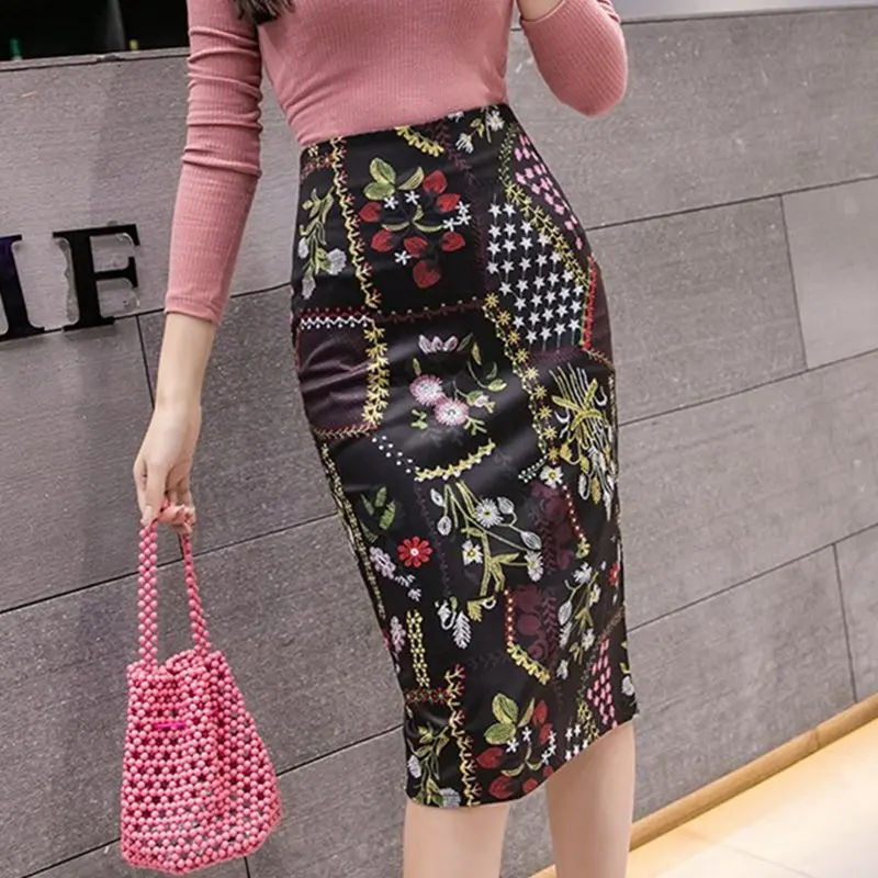 Сексуальный цветочный принт юбка женщин лето корейской моды высокой талией офис дамы юбки-карандаш повседневные колен Юп Femme