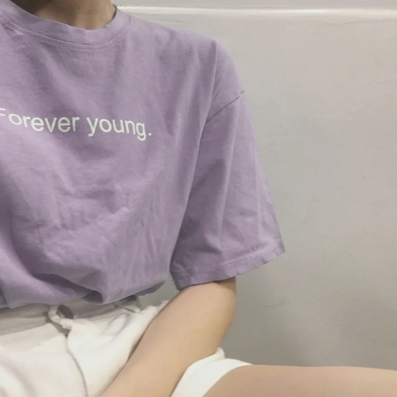 Корейский стиль forever young футболки для женщин фиолетовый белый эстетический