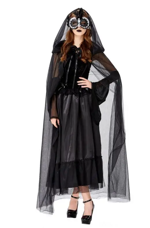 Gothic Black Ghost Bride Dress Adult Vampire Cloak and Dress Halloween Costume