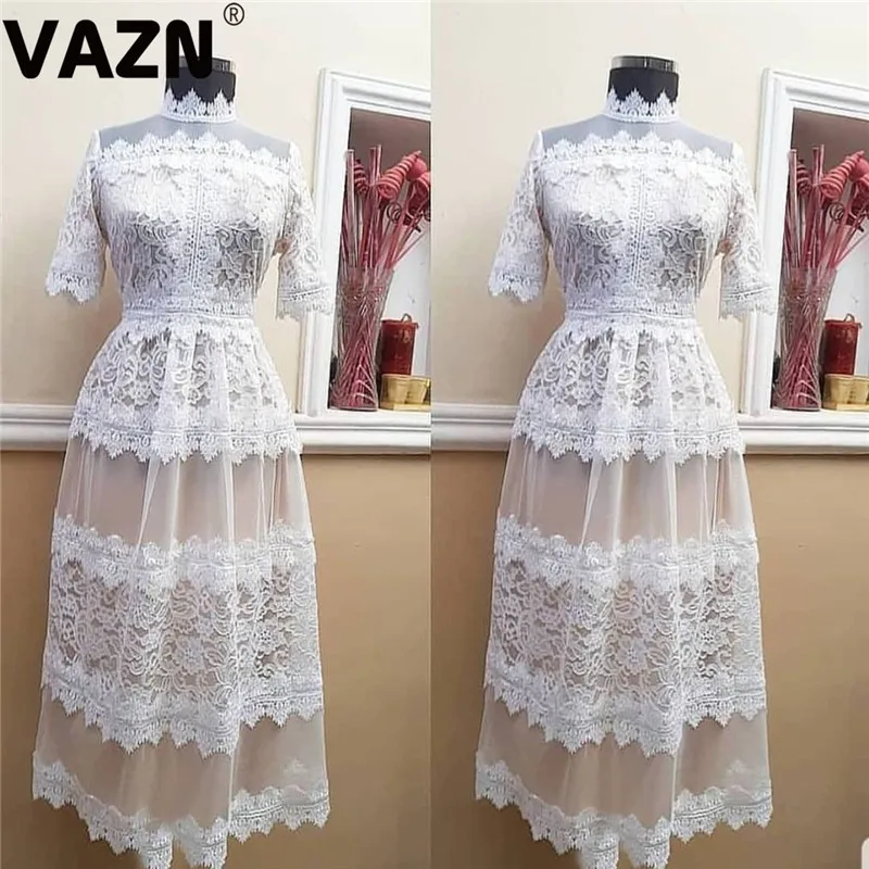 VAZN, новинка размера плюс, высокое качество, сексуальное, сексуальное, Клубное, стильное, из кусков, кружевное, половина рукава, шифоновое, женское, облегающее и расклешенное, макси платье - Цвет: Белый