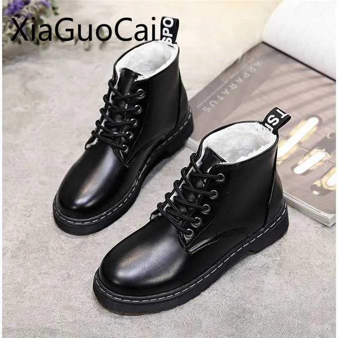 

Super Warm Women Winter Snow Boots Solid Round Toe Rubber Ladies Winter Martin Boots Short Plush Fur Women Flat Ankle Boots