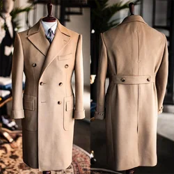 Khaki Men Overcoat Thick Warm Double Breasted Long Coat Classic England Style Custom Made Male Jacket