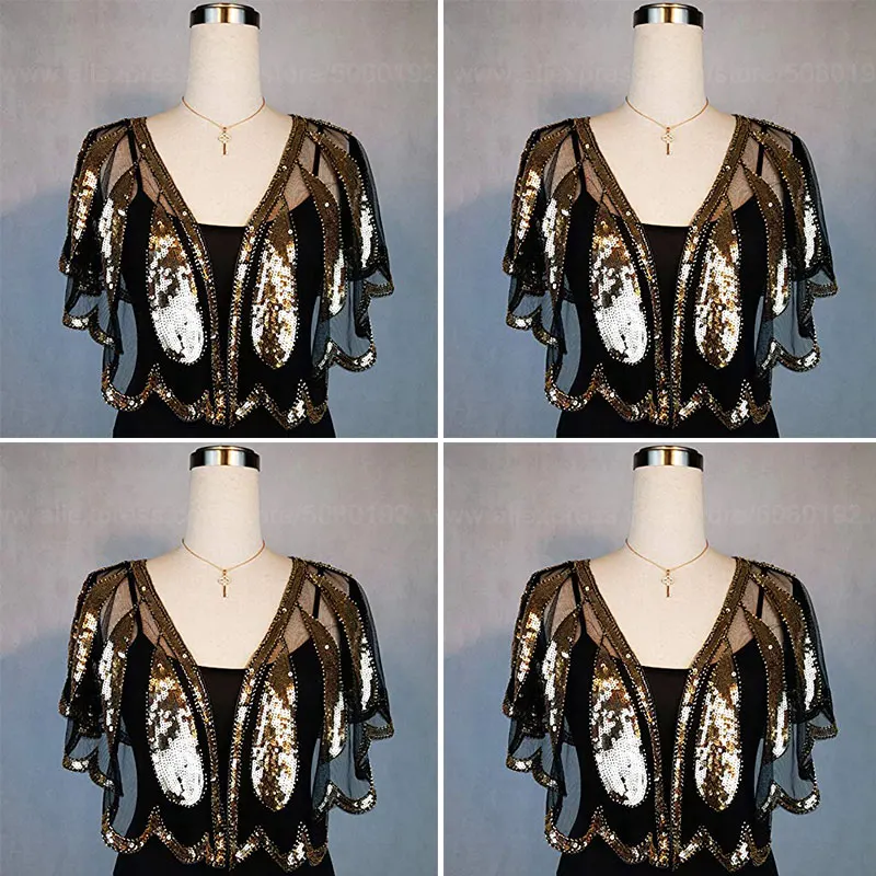 Gold Shawl Для женщин 1920s Свадебная шаль Блестки из бисера вечерняя накидка для невесты, накидка-шаль, болеро Хлопушки Cover Up защита от солнечных лучей, без застёжки, пончо золотого и черного цвета - Цвет: Gold Shawl