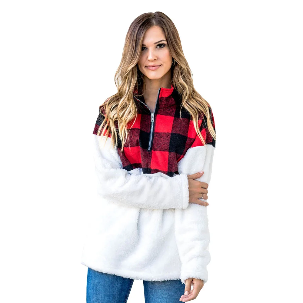 Red Sweatshirts SEBOWEL осенний женский клетчатый/Камуфляжный принт Пушистый пуловер свитшоты женские теплые уютные пушистые топы на молнии с карманами Размер Clothes одежда - Цвет: Red Sweatshirts