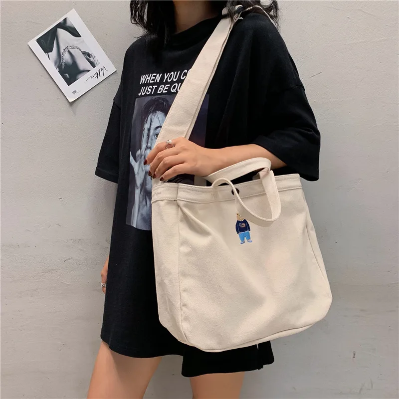 Женская Холщовая Сумка стиль мультфильм милый вышитый медведь простой сплошной цвет сумка Холщовая Сумка