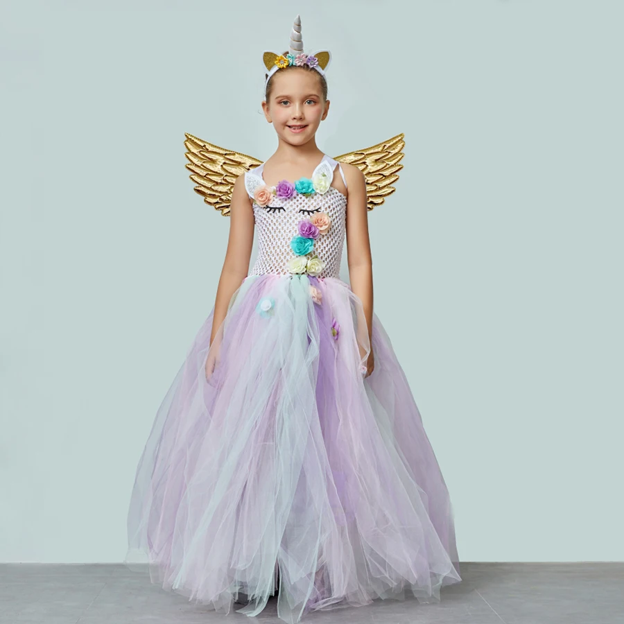 Girls Unicorn Tutu Dress with Headband Wing Costume Set Fancy Little Child Pony Clothing for Birthday Party Pageant Ball Gown (3)
