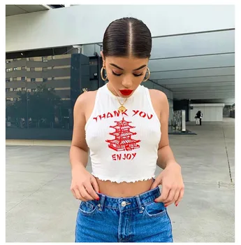 

Letter Print Sleeveless Tank Vest Club Streetwear Crop Tops 2020 Sexy Women Ladies Bustiers Corsets Ruffles Bodycon Summer Tanks