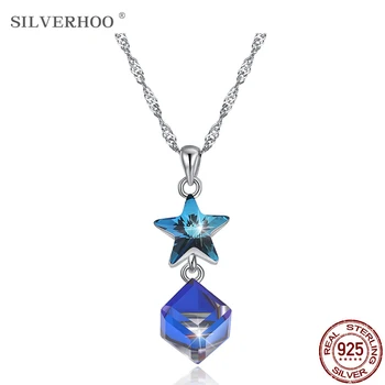 

SILVERHOO 925 Sterling Silver Shining Star Pendant Necklaces For Women Blue Square Austria Crystal Romantic Gift For Girlfriend