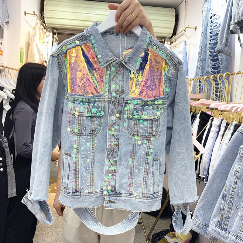

2020 Autumn New Heavy Work Sequine Cuffs Hole Cropped Jacket Women's Loose Denim Clothes Grils Jeans Coat Students Jackets Coats