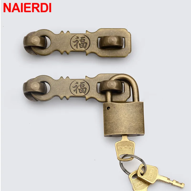 NAIERDI Pure Copper Vintage Chinese Locks Antique Bronze Hasp Latch Padlock Retro Lock Jewelry Box Padlock for Wooden Box