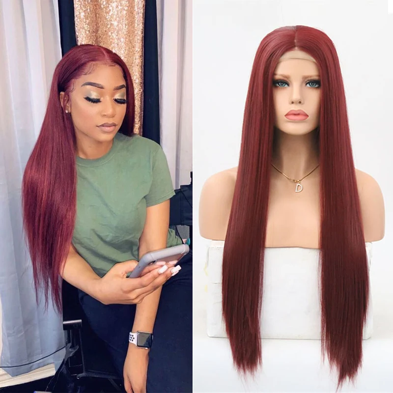 

RONGDUOYI Middle Part Long High Temperature Fiber Synthetic Lace Front Wig Silky Straight Red Glueless Front Lace Wigs for Women
