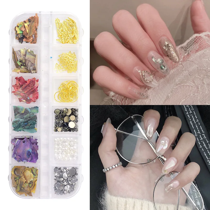 

12 gridsAbalone slices gold lines Rhinestone Nail stickers Rivet mix and Match stickers for nail Decoration manicure Accessories