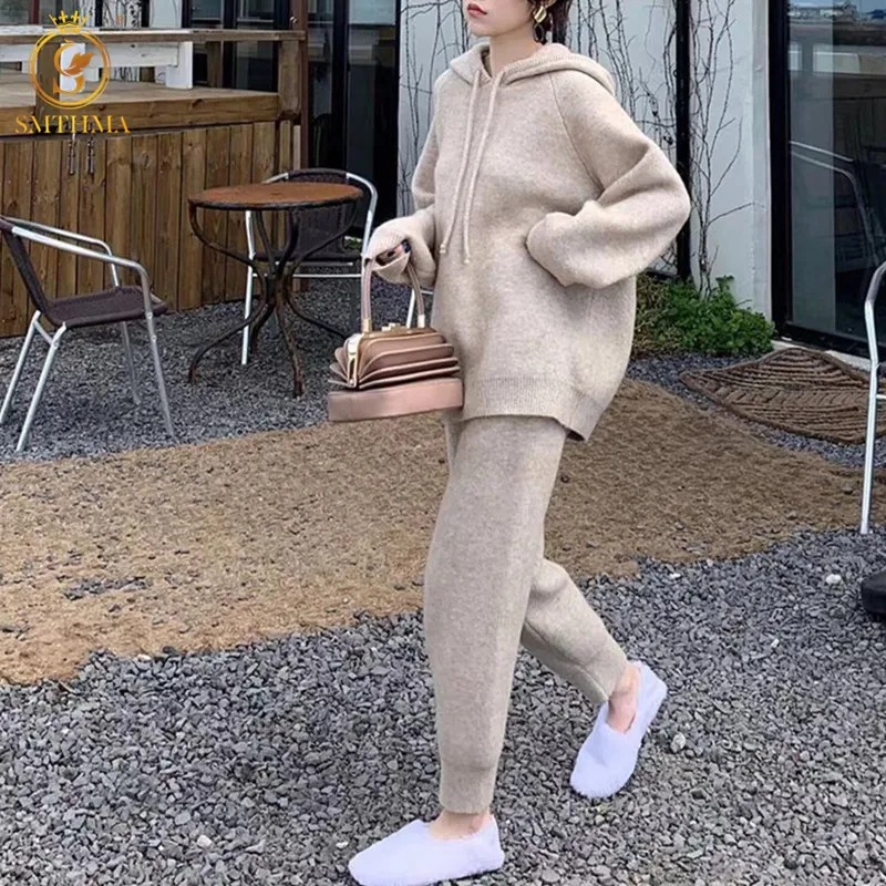 SMTHMA 2021 New Fashion 2 Pieces Set Women Loose Knitted Tracksuit Hooded Sweater + Elastic High Waist Pants Suit |