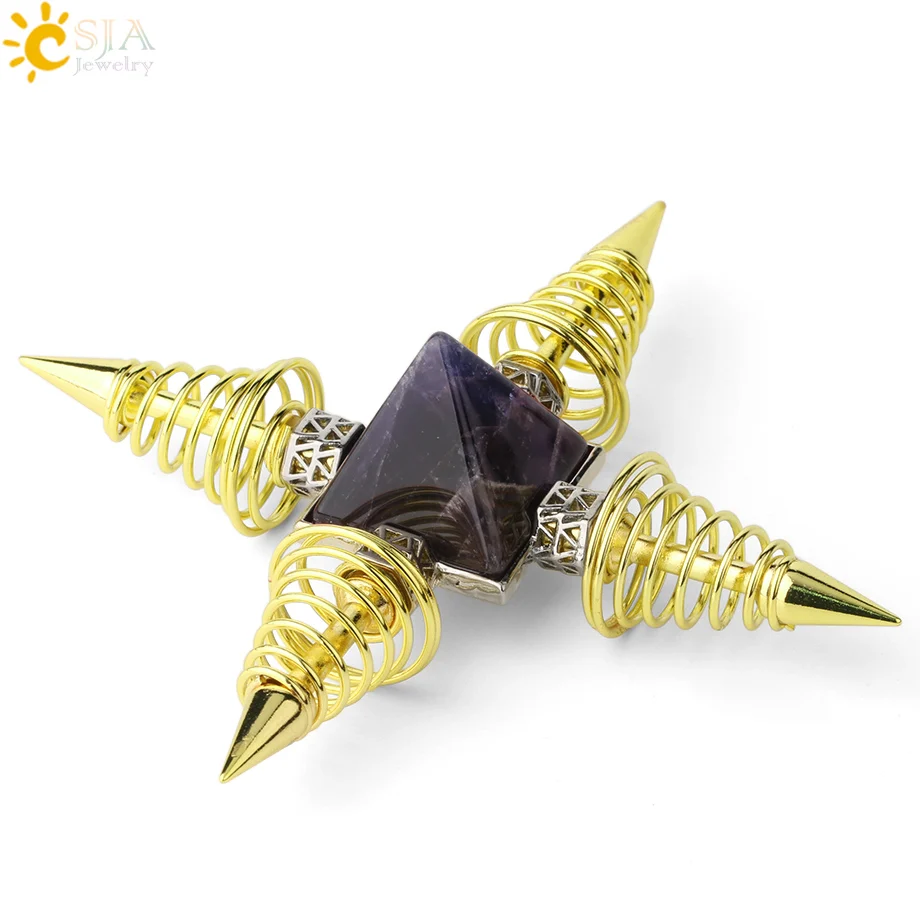 Amethyst-Gold CSJA, натуральные камни, пирамида, украшение, 4 точки, весенний конус, маятники, энергия, исцеление, духовная медитация, для женщин и мужчин, ювелирные изделия G316 - Цвет: Amethyst-Gold