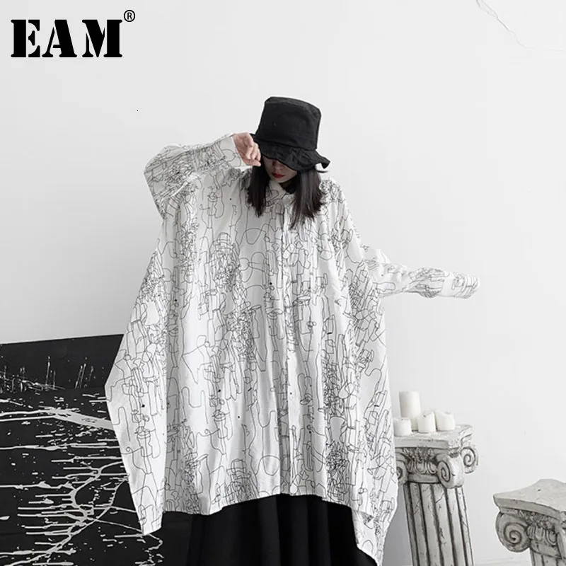 [EAM] Женская Асимметричная блуза большого размера с узором, новая свободная рубашка с отворотом и длинным рукавом, модная весенняя Осенняя 19A-a610