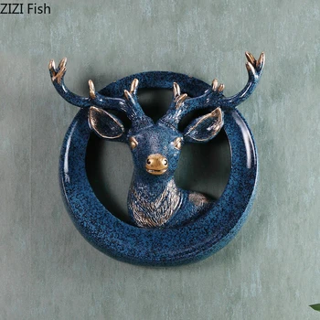 

European Wall Decorative Deer Head Crafts Wall Hanging Ceramics Painted Decoration Gem Setting Metope Ornament Rustic Home Decor