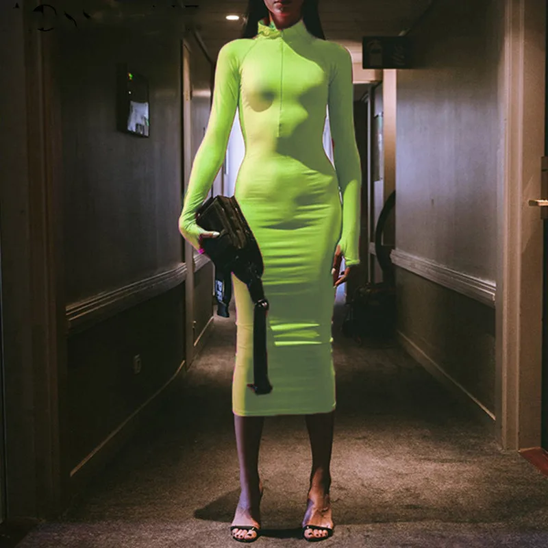 2018 осень зима миди платья с длинным рукавом Водолазка молния сексуальное