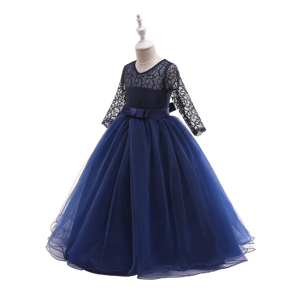 Navy Blue Кружевные вечерние платья для девочек с короткими рукавами и цветочным принтом; торжественное платье принцессы из тюля; детское платье для выступлений; vestido infantil - Цвет: Navy Blue