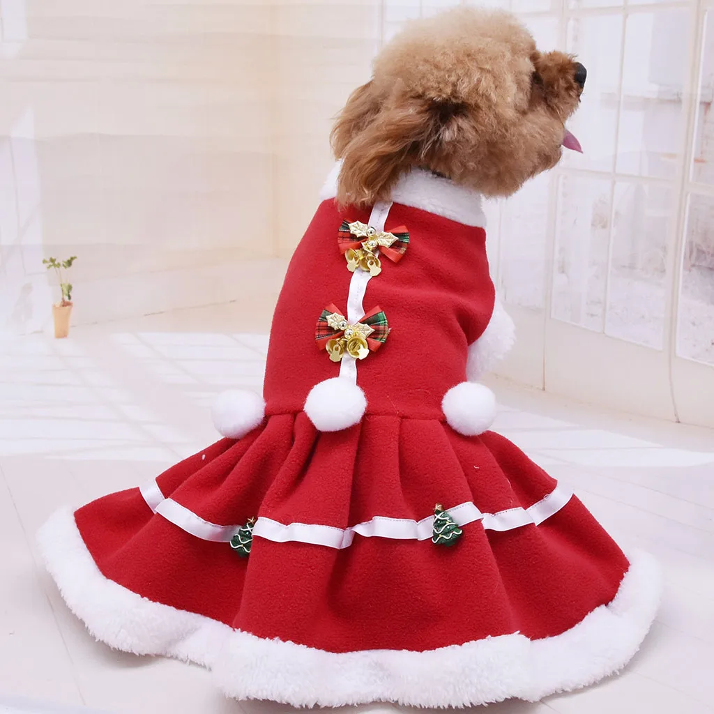 Рождественское платье Милая зимняя одежда для собак Kawaii платье для домашних животных и кошек с колье с колокольчиками рождественское Новогоднее теплое платье для собак