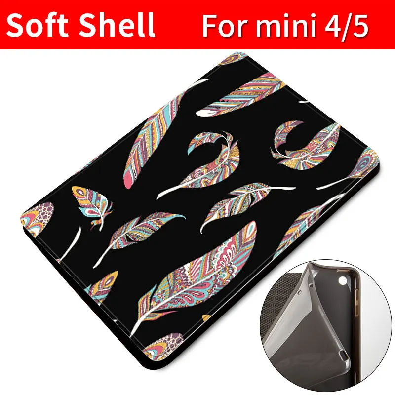 mini45-feather Защитный чехол для ipad mini 1/2/3/4/5 из ТПУ кожи с модным принтом, мягкий чехол на заднюю панель 7,9 дюйма, чехол с цветочным рисунком для девочек - Цвет: mini45-feather