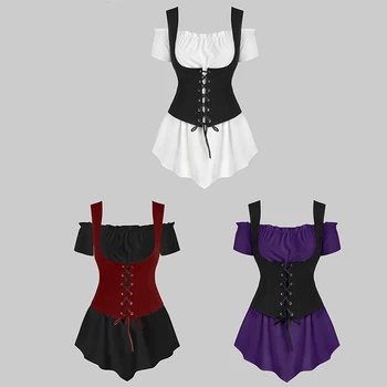 

2020 New Summer Women Fashion Short Sleeve Slash Neck Solid Color T Shirt + Vest Lace Up Two Piece Female Top Sets