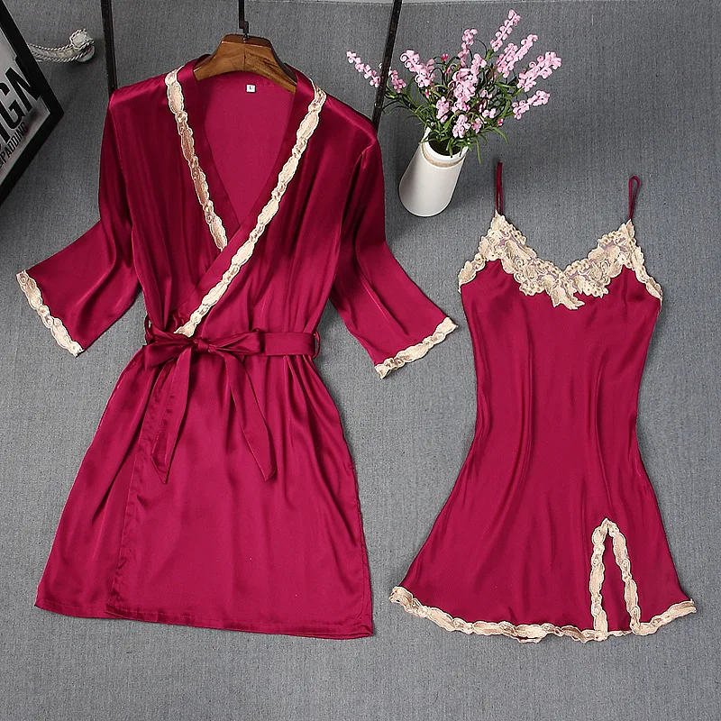 Women Pink Bride Bridesmaid Wedding Bathrobe Sexy Mini Kimono Bath Gown 2PCS Robe Suit Soft Sleepwear Casual Intimate Lingerie