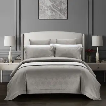 

100%Cotton Leaves Jacquard Duvet Cover Set Queen King size Vintage Grey Gray Navy Blue Solid Luxury Bedding set Bed sheet set